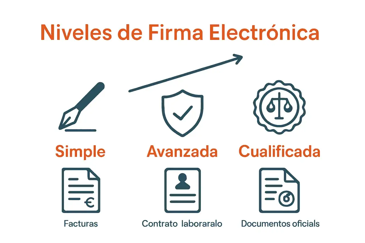 Ilustración de los niveles de firma electrónica: Simple (facturas), Avanzada (contrato laboral) y Cualificada (documentos oficiales). Se puede cambiar la firma según el nivel.