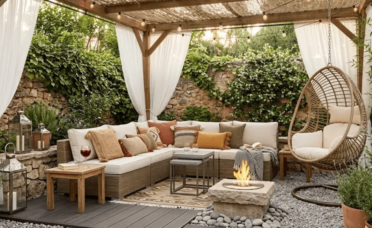 Un rincón perfecto para disfrutar de qué es un chill out: sofá, sillón colgante, hoguera y cortinas blancas bajo un techo de paja.