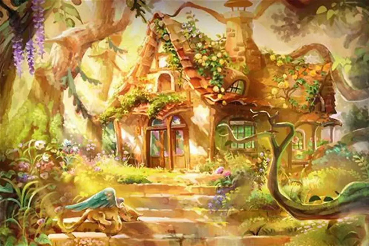 Une maisonnette de conte de f&eacute;es, nich&eacute;e dans une for&ecirc;t lumineuse, avec un petit dragon endormi sur les marches. Une sc&egrave;ne de fantasy cosy.