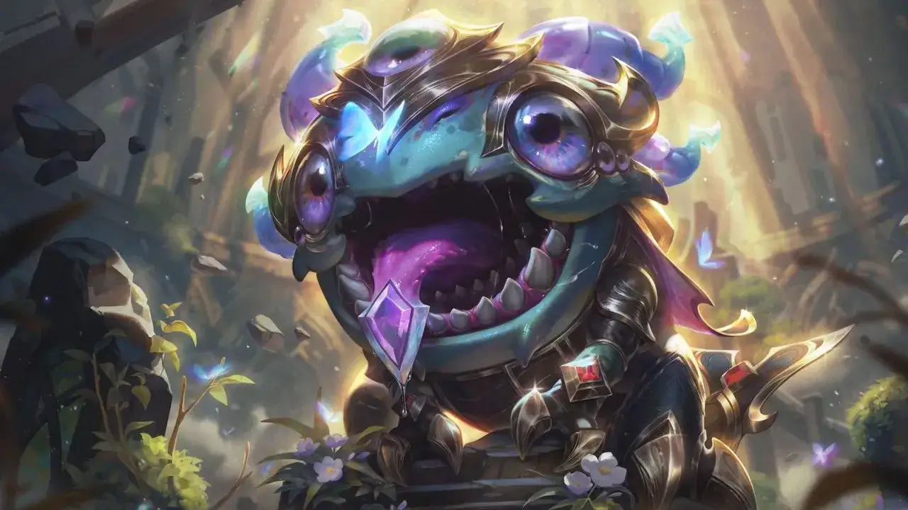 Reksai z League of Legends, z wielkimi oczami i fioletowym klejnotem, wygląda jakby czekał na nowy sezon w lolu.