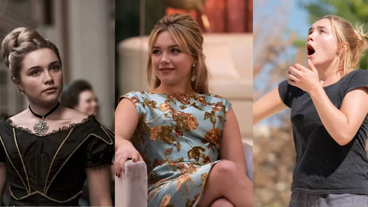 Trzy ujęcia Florence Pugh w różnych stylizacjach, odzwierciedlające jej wszechstronność w filmach.