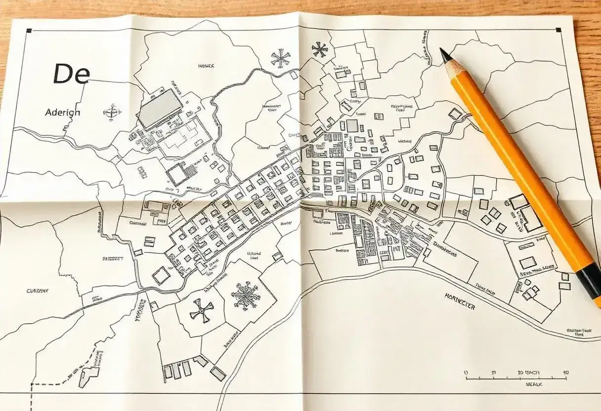 Mapa z ołówkiem, pokazująca szczegółowy plan miasta. Przy zakupie działki warto zwrócić uwagę na lokalizację i otoczenie.