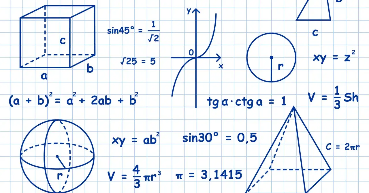 Mathematische Formeln und Figuren, darunter eine Würfel-Volumen-Formel, eine Kugel und eine Pyramide.