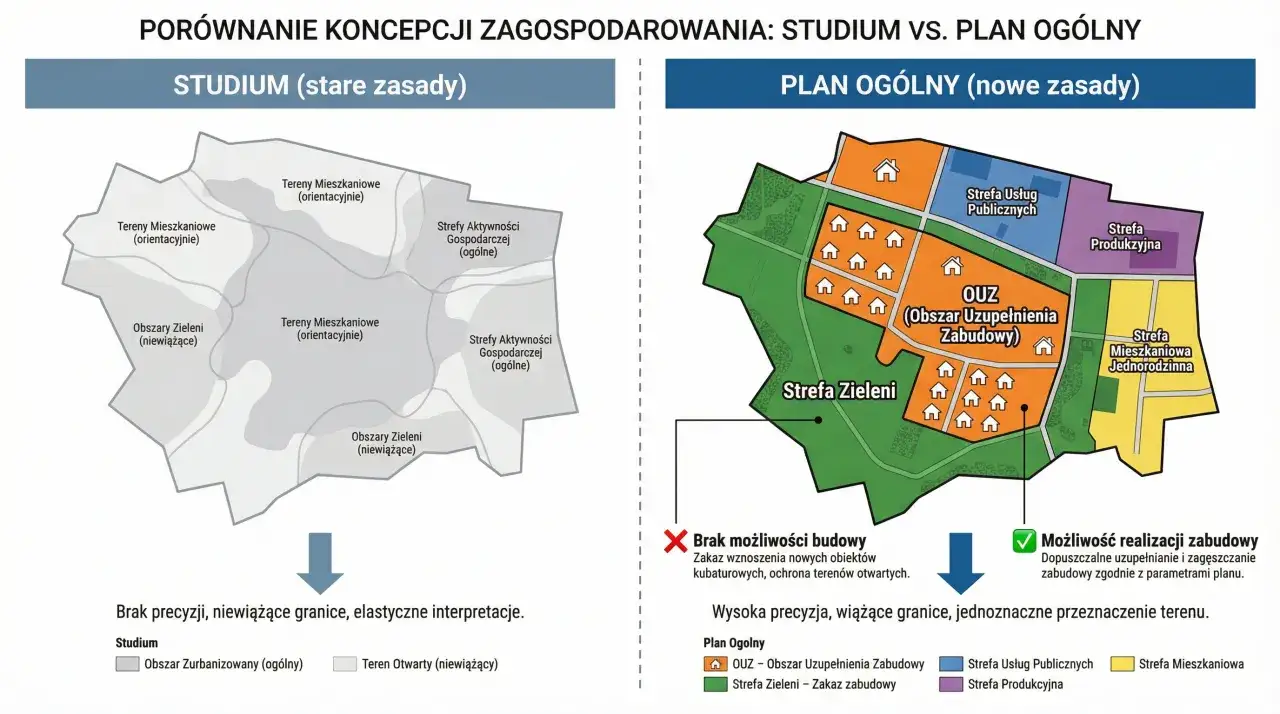 Porównanie planów zagospodarowania: studium (stare zasady) vs. plan ogólny (nowe zasady). Dlaczego od 1 lipca 2026 tysiące działek budowlanych straci status inwestycyjny?