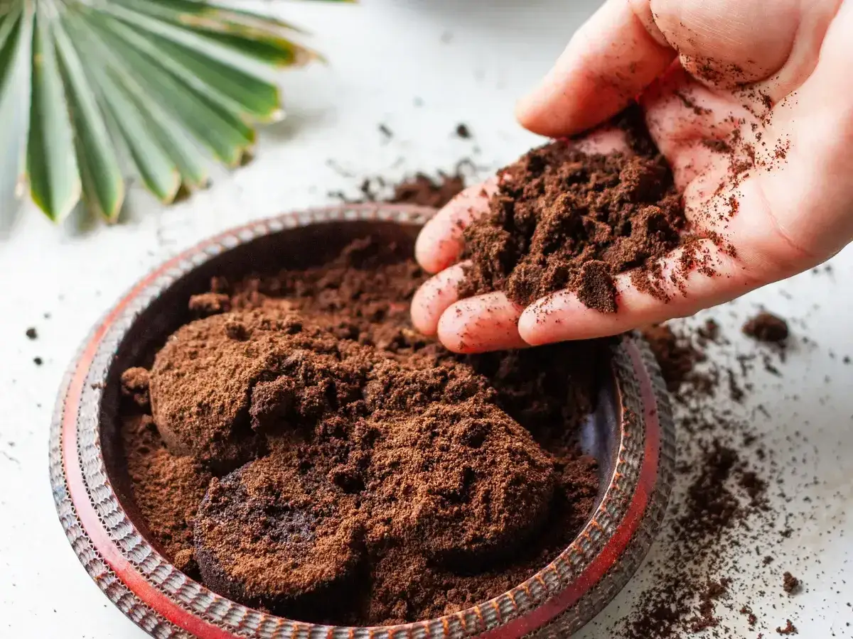 Mano che aggiunge fondi di caffè per basilico in una ciotola. Un tocco di natura per le tue piante.