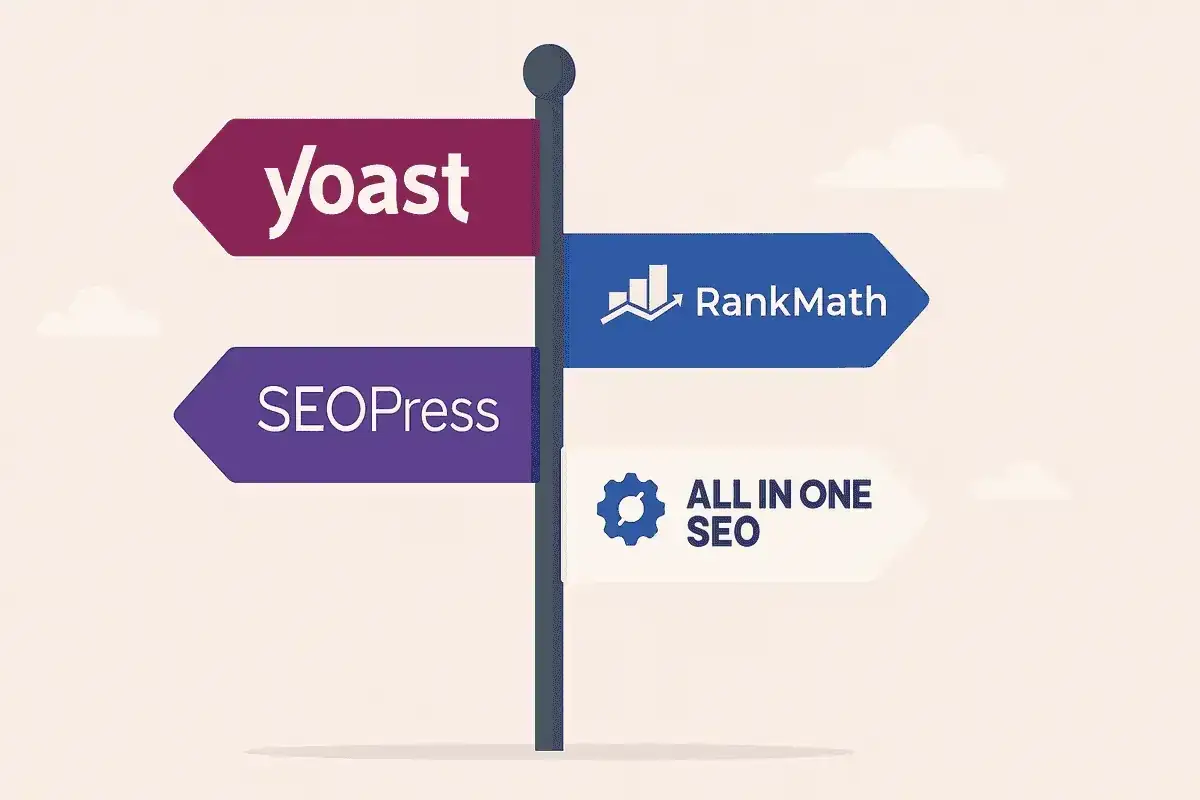 Panneau directionnel présentant les meilleurs plugins SEO WordPress : Yoast, SEOPress, RankMath et All in One SEO.