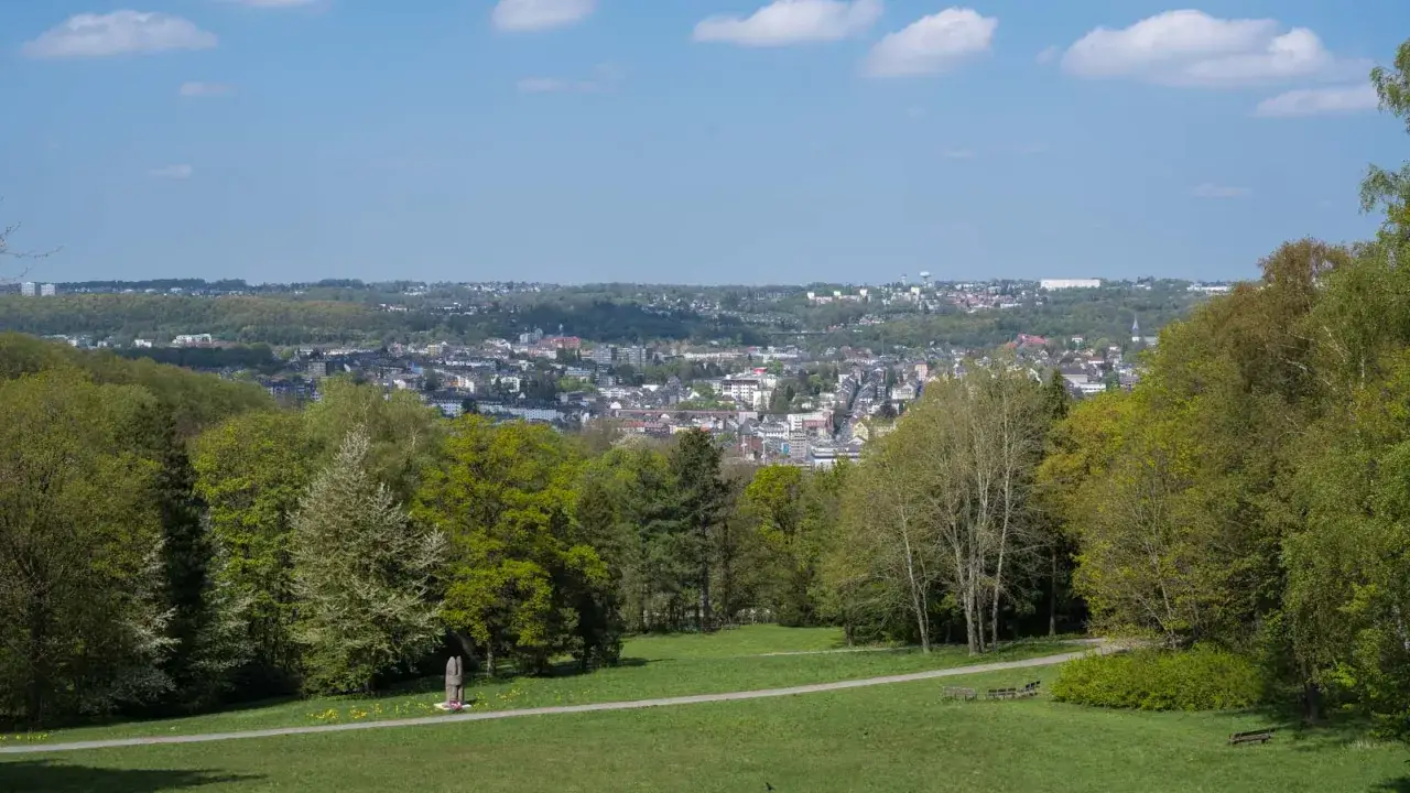 Blick &uuml;ber Wuppertal mit gr&uuml;nen B&auml;umen im Vordergrund. In der Ferne ist der Toelleturm zu sehen.