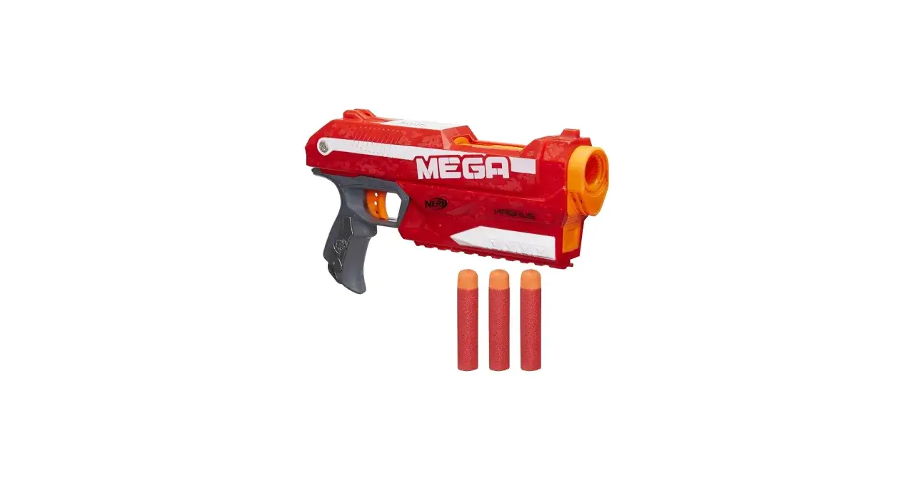 Czerwony pistolet Nerf Magnus z trzema pomarańczowymi strzałkami. Idealny do zabawy w strzelanie!
