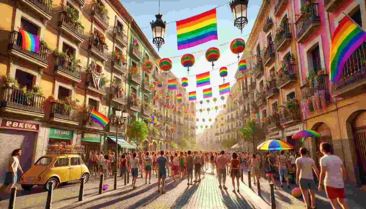 A vibrant street in gay Spain, adorned with rainbow flags and festive decorations, bustles with people celebrating.
