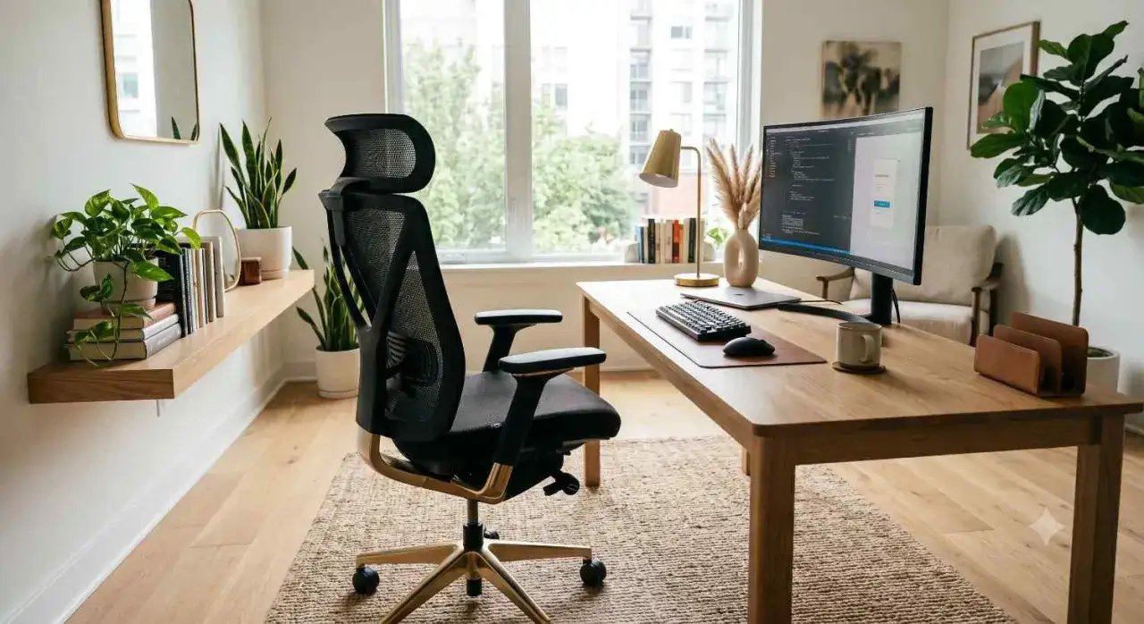A modern home office with a computer desk, ergonomic chair, and plants. The desk's height is perfect for comfortable work.