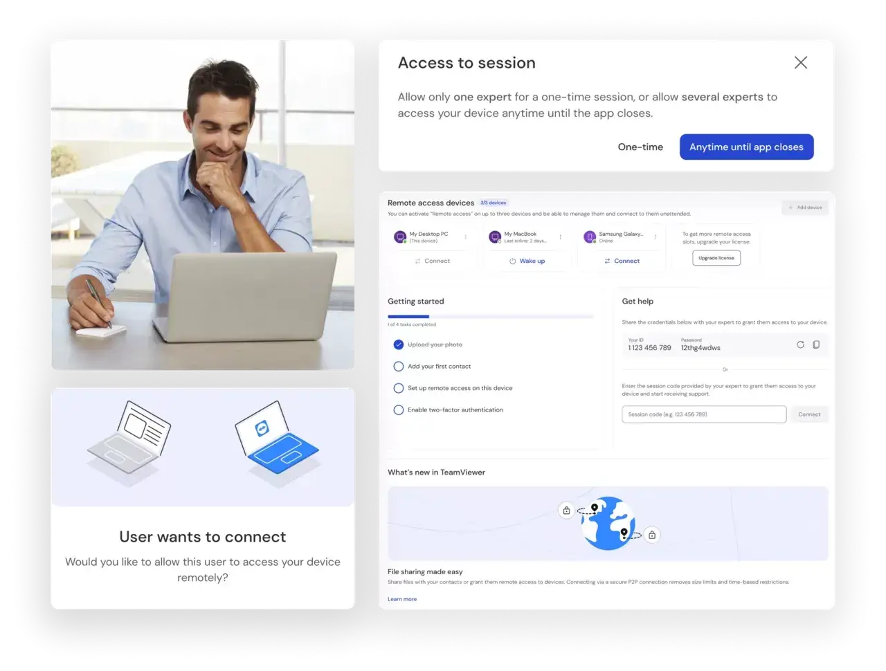Mężczyzna pracuje przy laptopie, a na ekranie widać interfejs TeamViewer z opcjami zdalnego dostępu, podobnymi do funkcji inteligentnego połączenia inteligentnego.