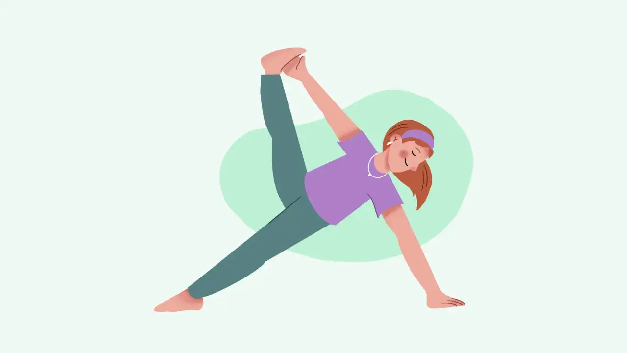 En kvinna utför en Anusara yoga-position, med ett ben lyft och greppat med handen.