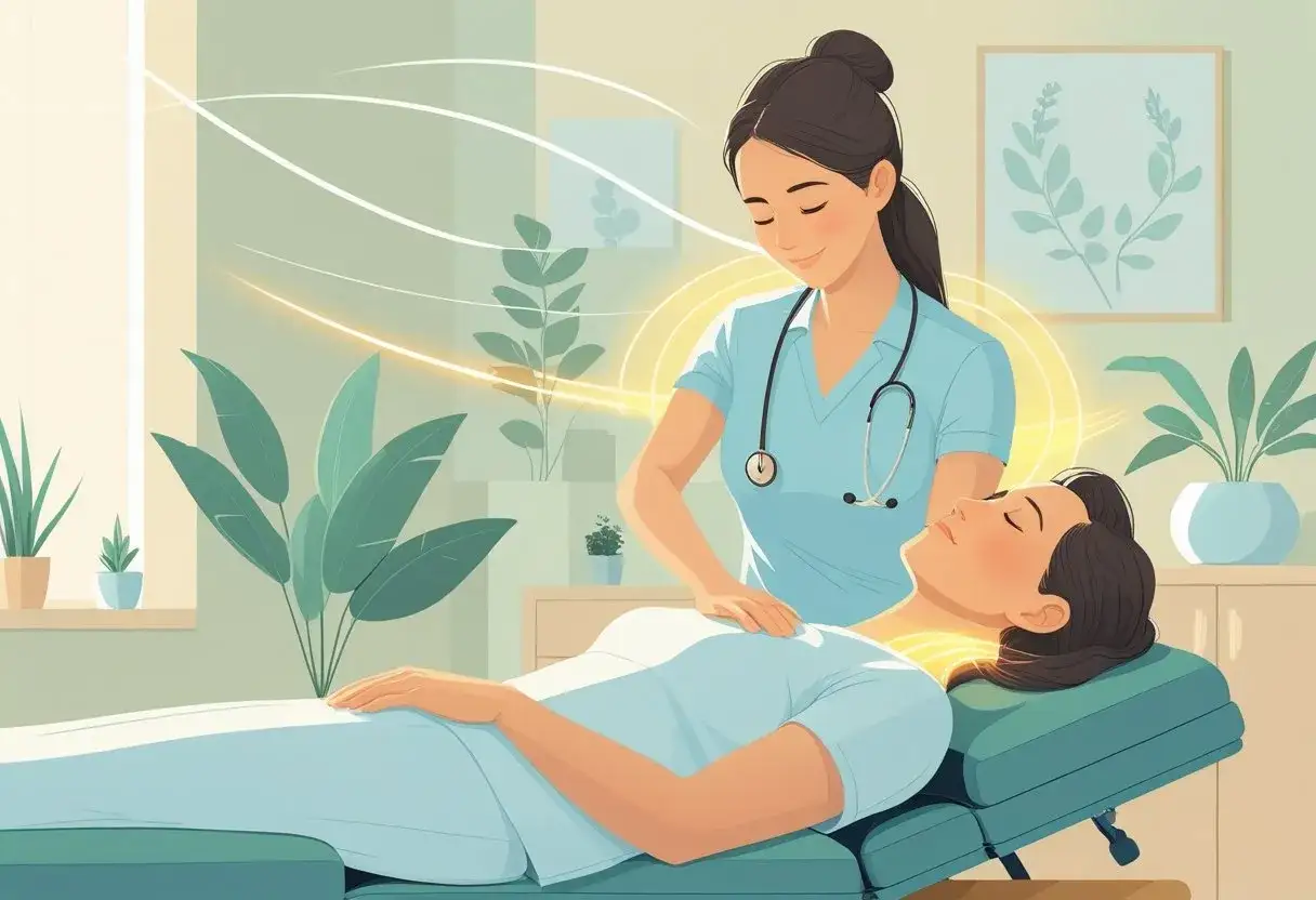 Terapeuta delikatnie masuje pacjentkę, łagodząc spięte mięśnie. Wokół unosi się kojąca energia.