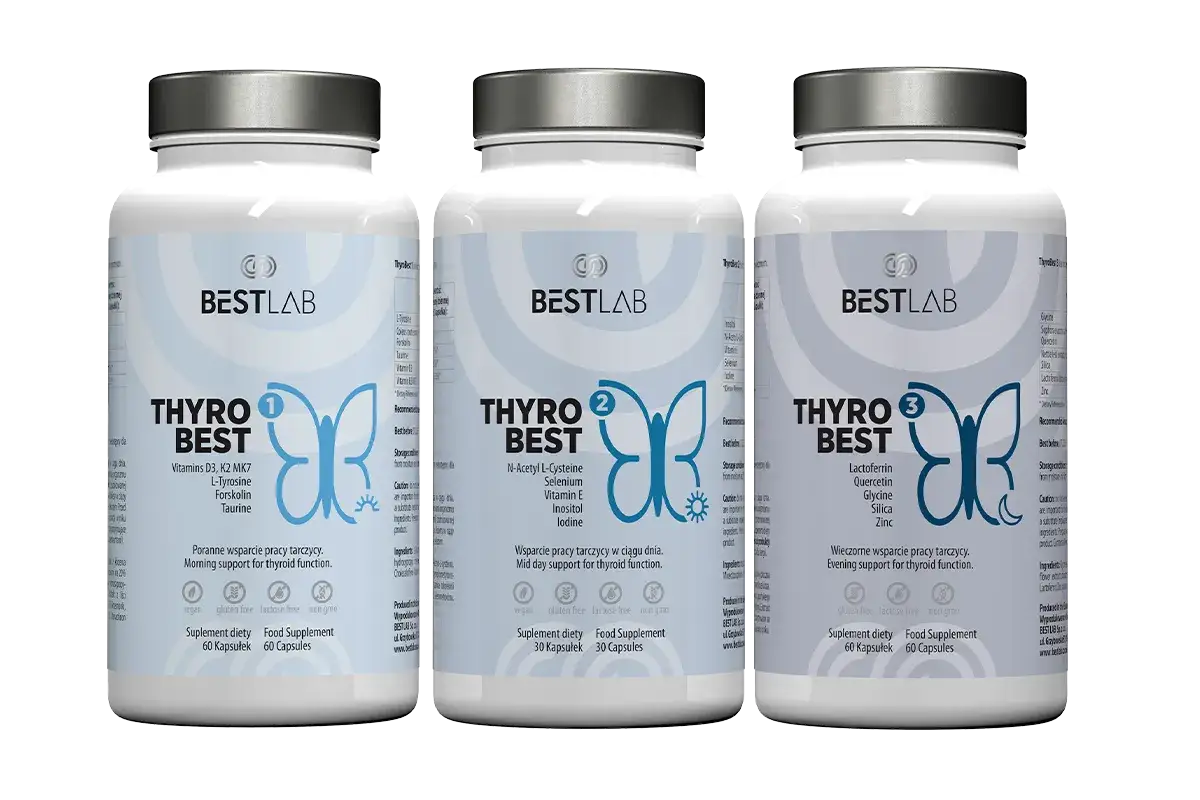 Trzy opakowania suplementu diety ThyroSet od BESTLAB, wspierające pracę tarczycy.