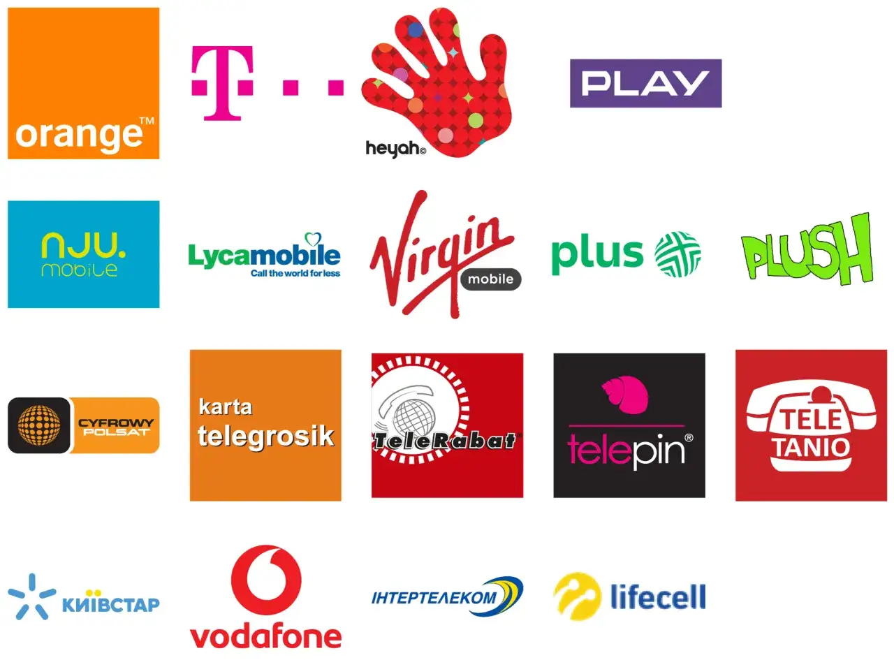 Logotypy operatorów komórkowych: Orange, T-Mobile, Heyah, Play, nju mobile, Lycamobile, Virgin Mobile, Plus, Plush, Cyfrowy Polsat, Telegrosik, TeleRabat, Telepin, Tele Tani, Kijivstar, Vodafone, Intertelecom, Lifecell. Idealne dla każdego, kto szuka p...