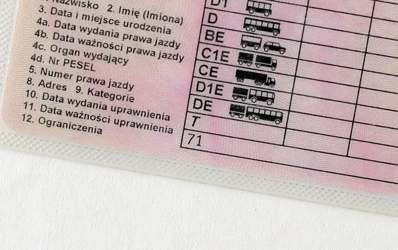 Fragment polskiego prawa jazdy z widocznymi polami: 