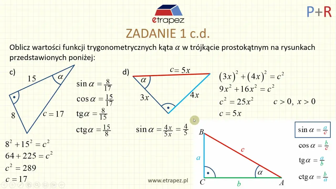 Zadania z trygonometrii: obliczanie wartości funkcji trygonometrycznych kąta α w trójkątach prostokątnych.