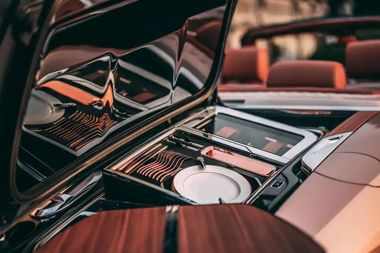 Elegancki zestaw piknikowy w luksusowym Rolls-Royce Boat Tail, z polerowanymi sztućcami i talerzami, gotowy na wykwintną podróż.