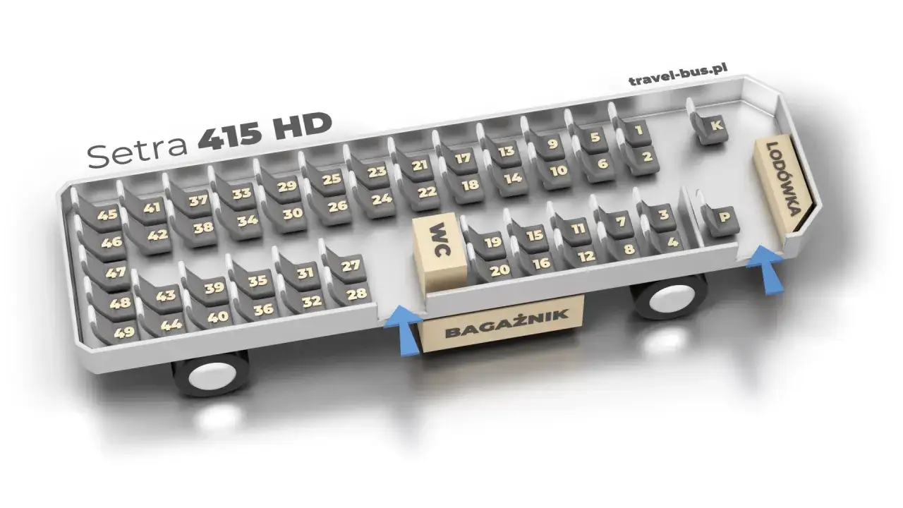 Rozkład miejsc w autokarze Setra 415 HD. Widoczne numery miejsc, WC, lodówka i bagażnik. Łącznie 49 miejsc.