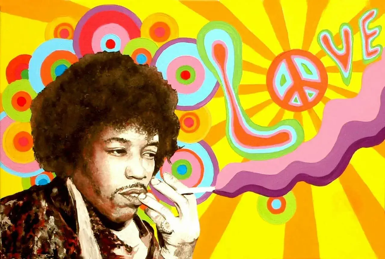 Vibrant 1970s art depicts Jimi Hendrix smoking, surrounded by psychedelic circles, a peace sign, and the word 