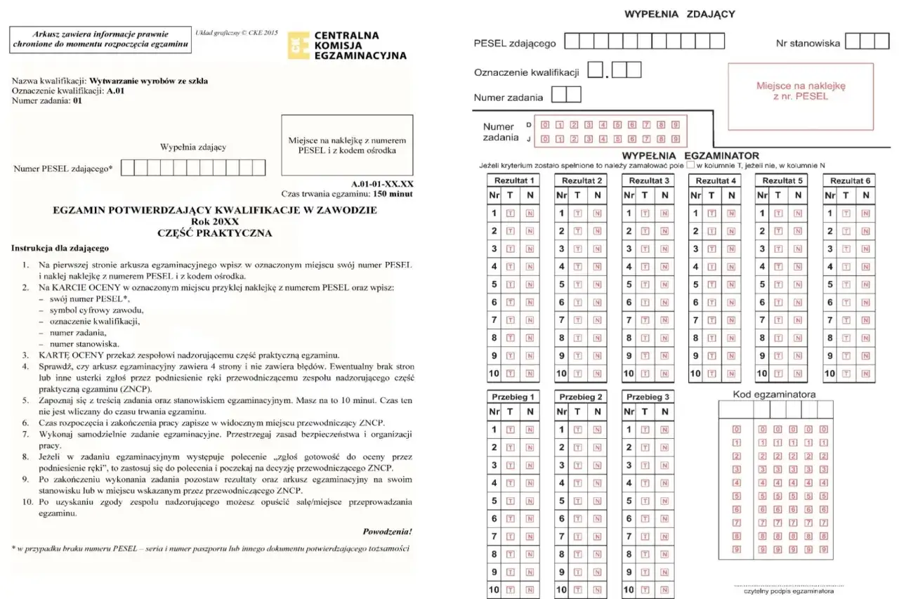 Arkusz egzaminu zawodowego. Nie ma limitu, ile razy można poprawić egzamin, ale ten dokument dotyczy części praktycznej.