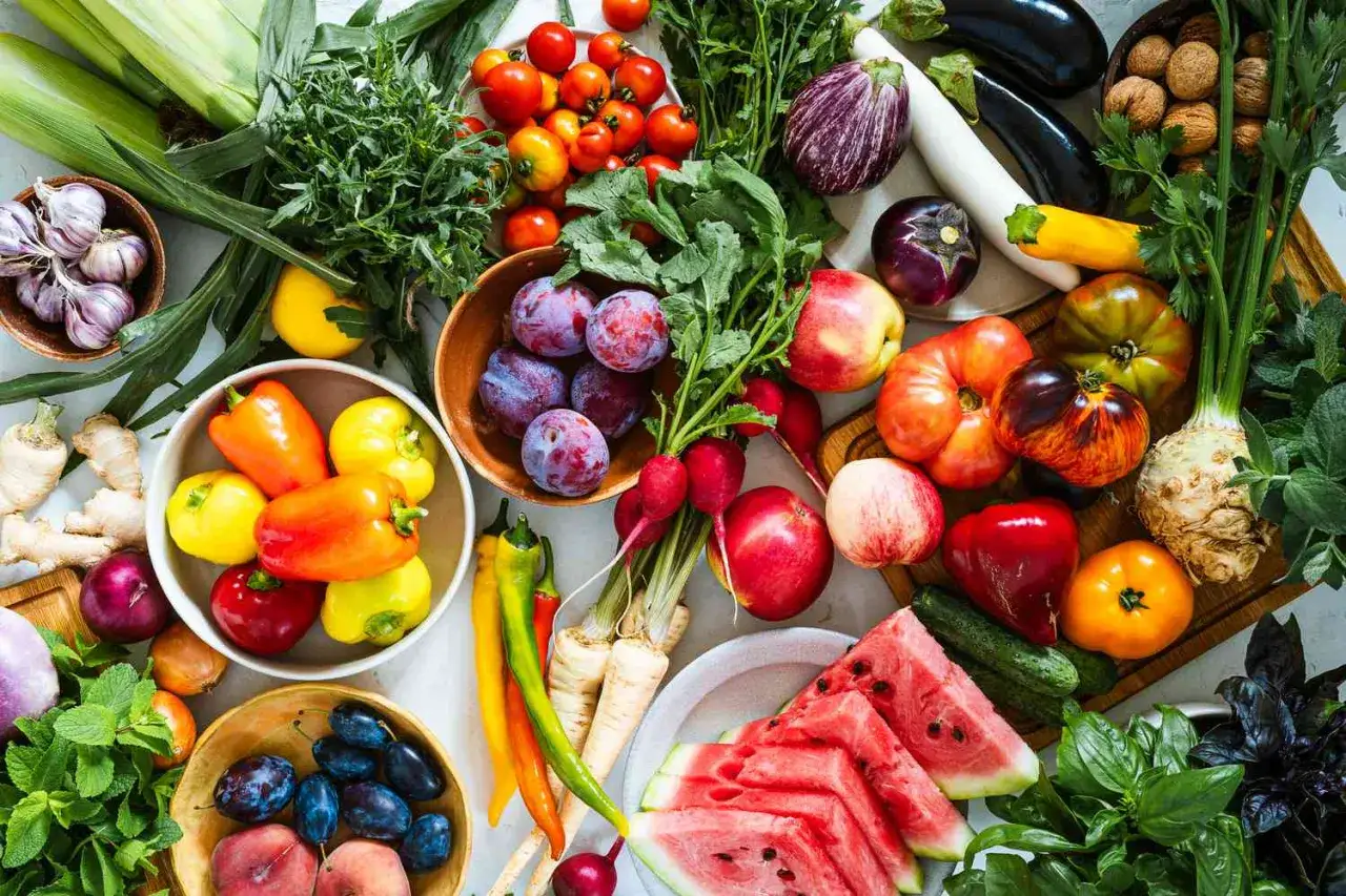 Un assortiment coloré de fruits et légumes frais, incluant des poivrons, des tomates, des prunes et des radis, parfaits pour une alimentation riche en fer.