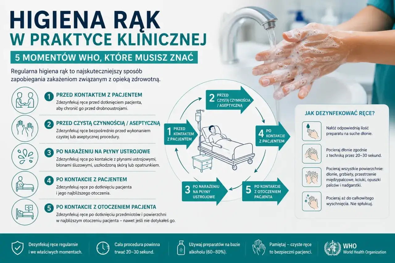 Higieniczne mycie rąk w praktyce klinicznej: 5 momentów WHO. Instrukcja krok po kroku, jak dezynfekować ręce, by zapewnić bezpieczeństwo pacjentom.