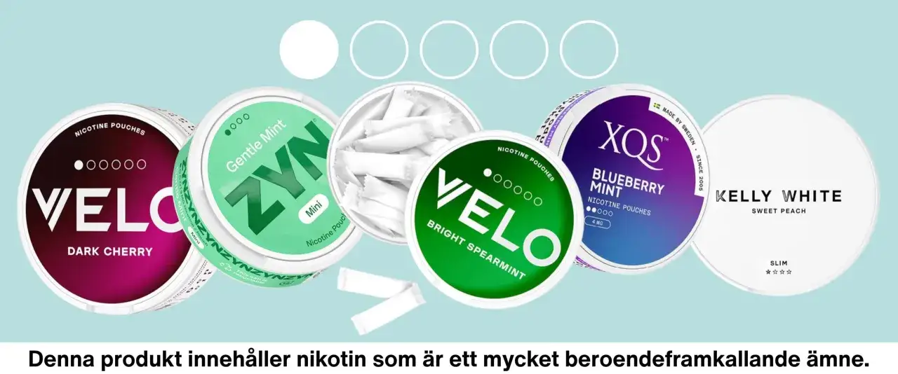 V&auml;lsmakande nikotinp&aring;sar vs snus: Velo, Zyn, XQS och Kelly White i olika smaker.