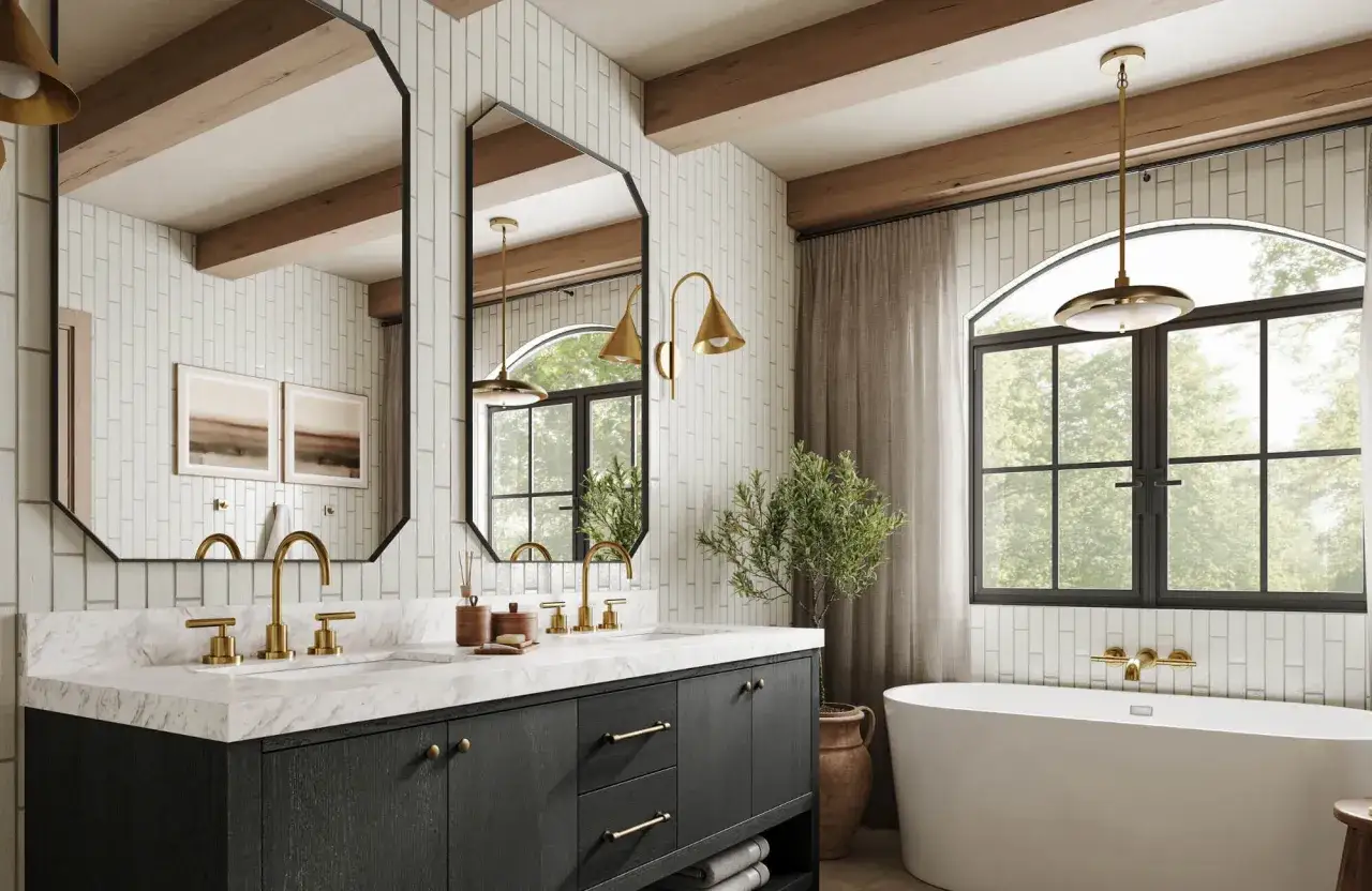 Elegant bathroom with a dark vanity, marble countertop, and two unique octagonal mirrors. This is a great example of double vanity mirror ideas.