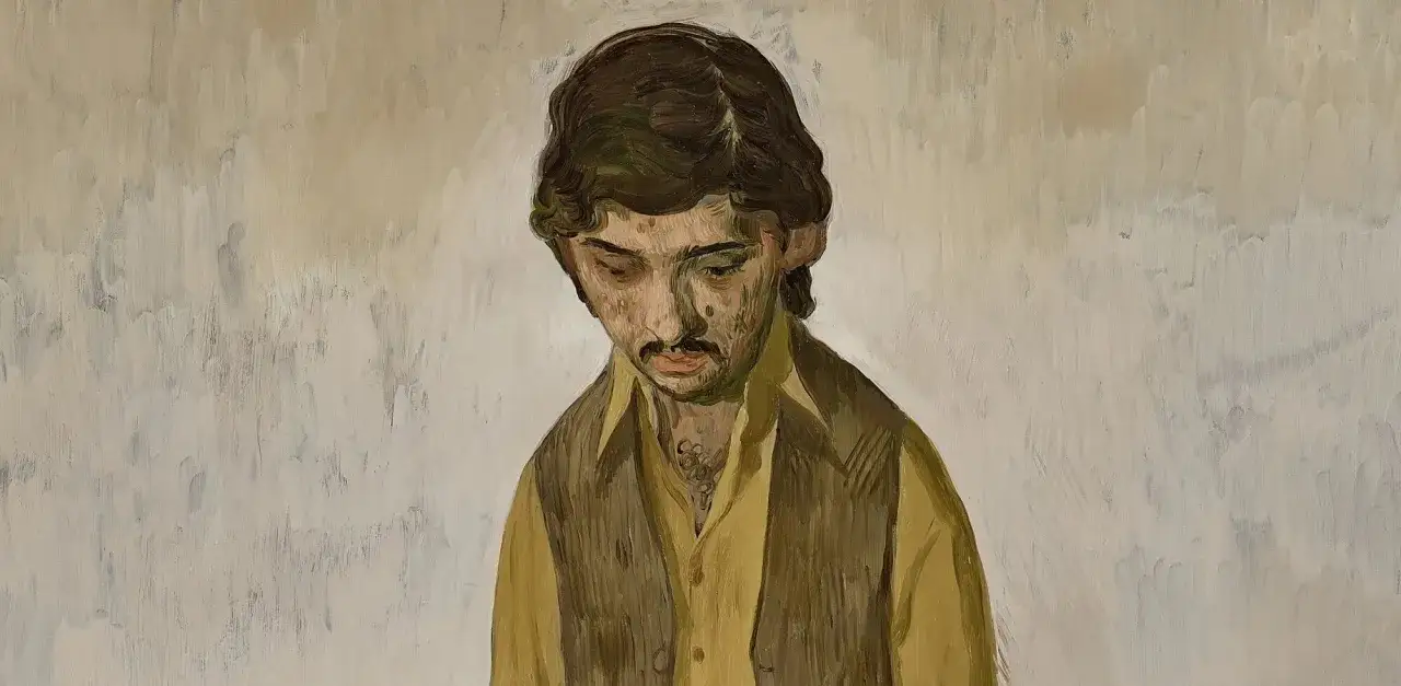 A figurative painting of a young man with dark, wavy hair and a mustache, looking down pensively. He wears a yellow shirt and a brown vest.
