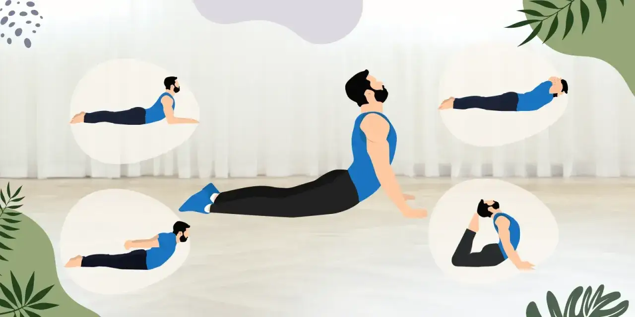 Ilustración de un hombre en varias posturas de yoga, incluyendo la postura de la cobra. Se muestran variaciones y posibles contraindicaciones.