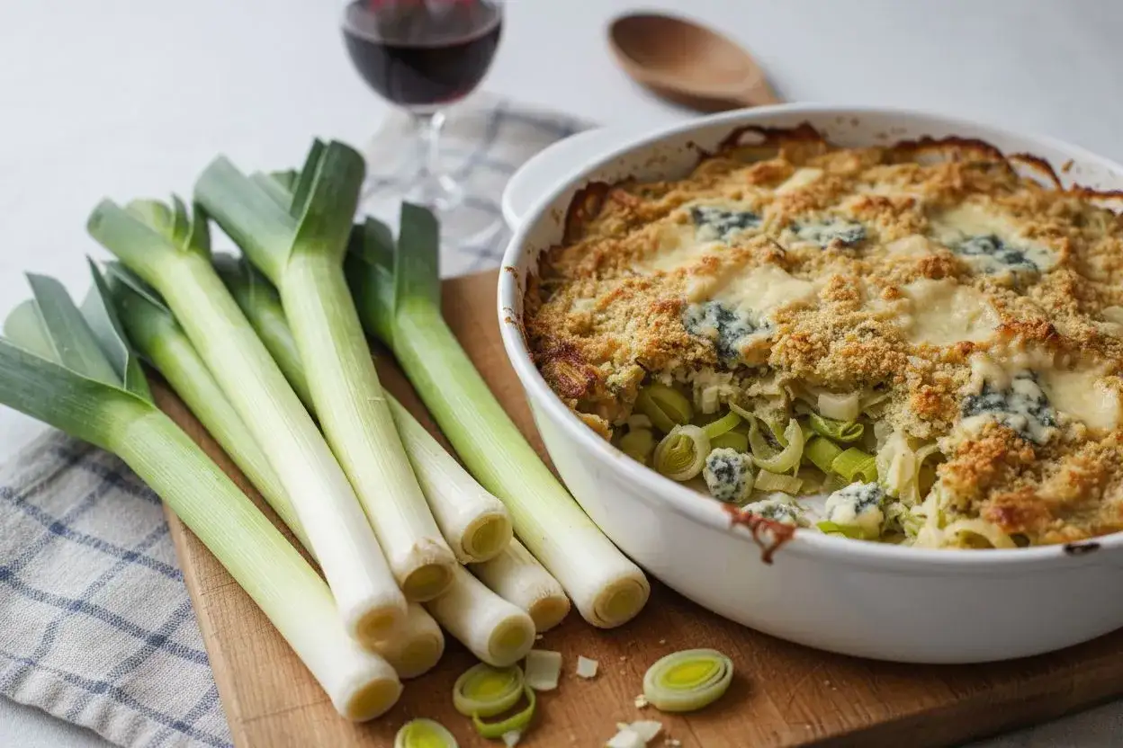Un d&eacute;licieux gratin de poireaux, dor&eacute; et gratin&eacute;, servi avec des poireaux frais et un verre de vin rouge.