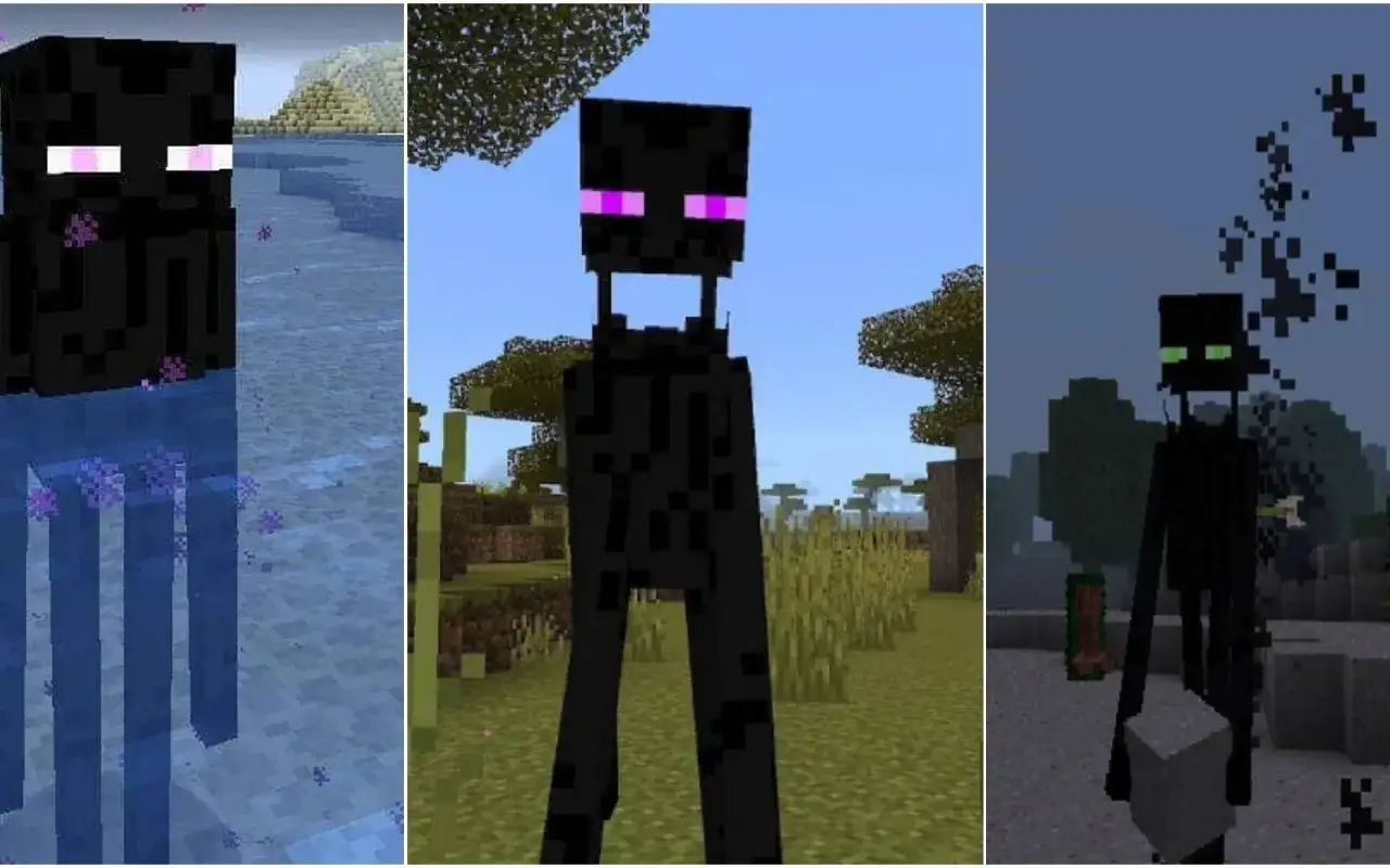 Trzy endermany z Minecrafta: jeden w wodzie, drugi na trawiastym terenie, trzeci z blokiem w ręku.