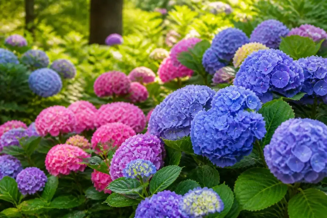 Des hortensias bleus, roses et violets &eacute;clatants. Une belle sc&egrave;ne pour r&eacute;fl&eacute;chir &agrave; que mettre au pied des hortensias pour un jardin luxuriant.