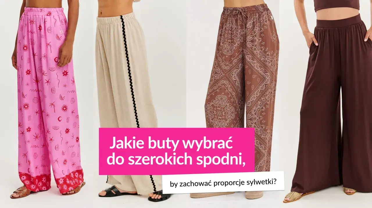 Cztery pary szerokich spodni o r&oacute;żnej długości nogawki i wzorach. R&oacute;żowe w letnie motywy, beżowe z ozdobnym lampasem, brązowe w paisley i jednolite czekoladowe.