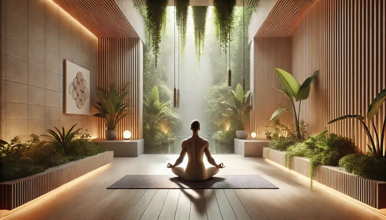 En person sitter i lotusst&auml;llning p&aring; en yogamatta, redo f&ouml;r guidad meditation p&aring; svenska. Rummet &auml;r fyllt av gr&ouml;nska och mjukt ljus.