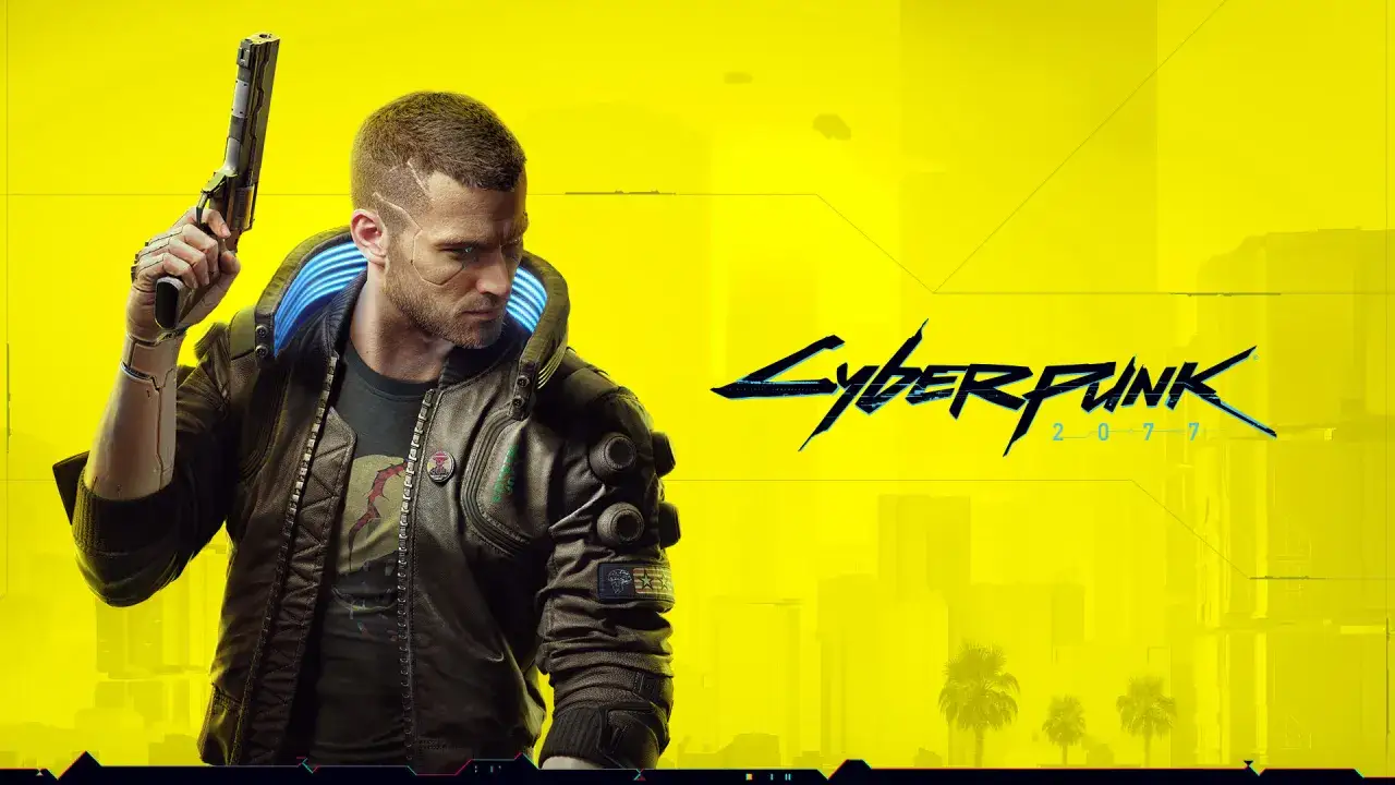 Hombre con implantes cibernéticos y arma, listo para ganar trofeos en Cyberpunk 2077.