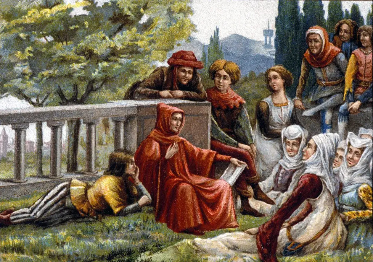 Grupa ludzi w strojach z epoki słucha opowieści. Scena inspirowana Dekameronem.