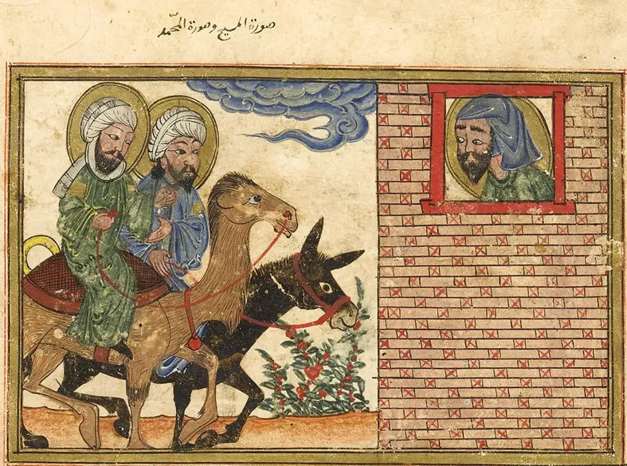 Zwei M&auml;nner mit Heiligenscheinen reiten auf einem Kamel, ein Esel folgt. Ein Mann blickt aus einem Fenster. Eine Darstellung aus der isa islam Geschichte.