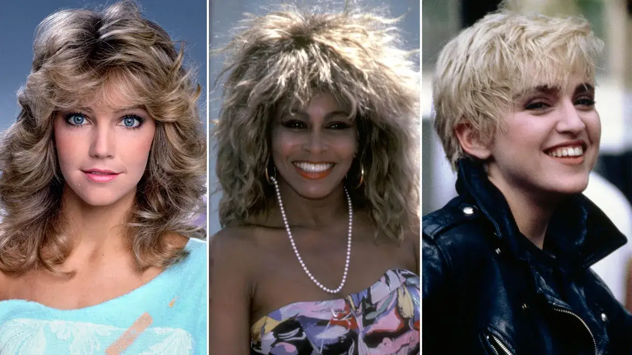 Tre ikoner med ikoniska 80-tals frisyrer: en tjej med voluminöst blont hår, Tina Turner med sitt karaktäristiska yviga hår och en ung Madonna med kort, blont hår.