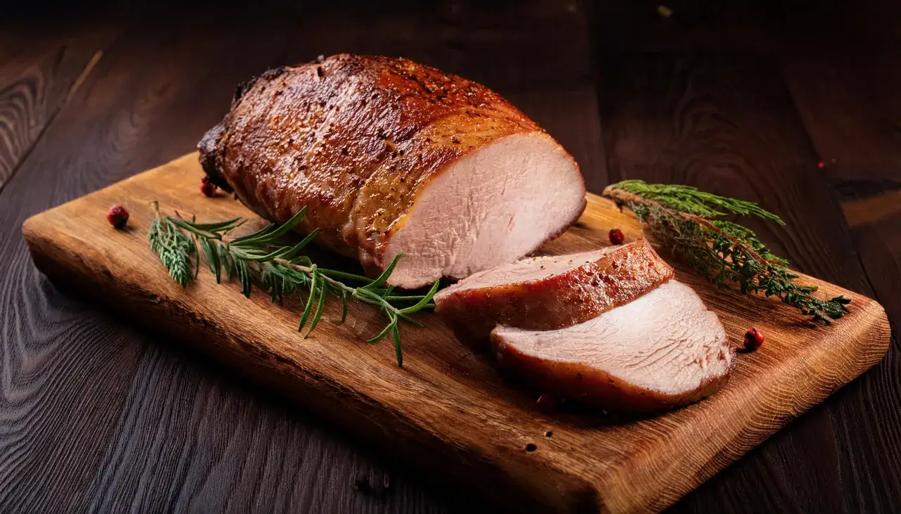 Saftiges, gebratenes Schweinefilet mit Kr&auml;utern und Beeren auf einem Holzbrett. Perfekt f&uuml;r Ihre n&auml;chsten Schweinefilet Rezepte.