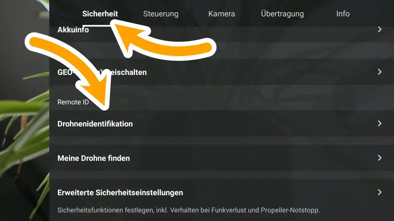 Sicherheitseinstellungen für Ihre e-id Drohne: Akkuinfo, GEO, Remote ID, Drohnenidentifikation und mehr.