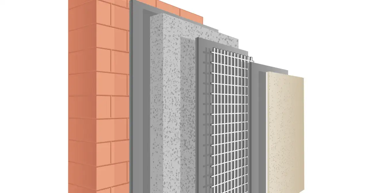 Schichtaufbau einer WDVS Fassade: Ziegelwand, Dämmung, Armierungsgewebe und Putzschicht.