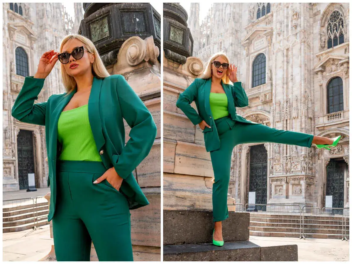 Eleganckie komplety damskie ze spodniami XXL w kolorze butelkowej zieleni, idealne na letnie wyjścia.