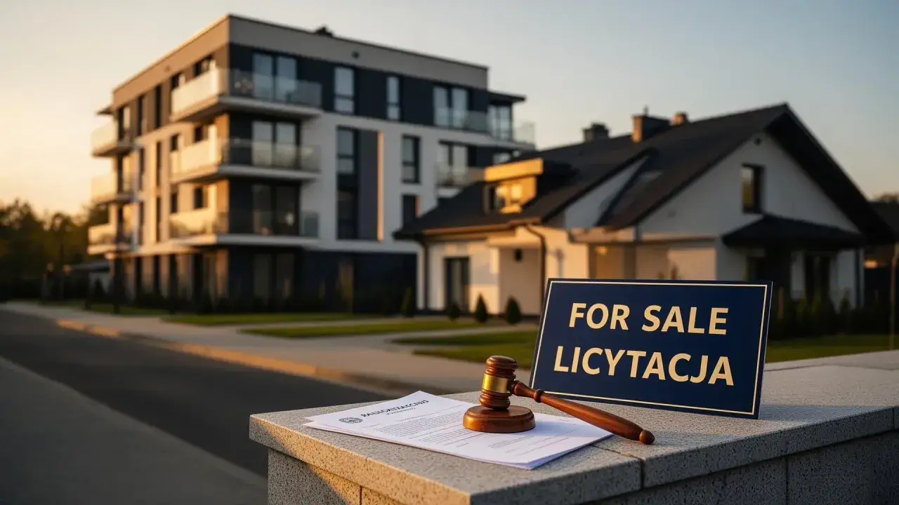 Młotek sędziowski i dokumenty na tle nowoczesnych budynków. Tabliczka