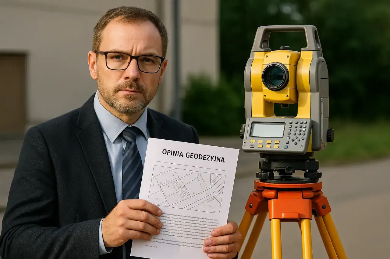 Mężczyzna w garniturze trzyma opinię geodezyjną obok tachimetru. Zastanawiasz się, ile kosztuje biegły sądowy geodeta?