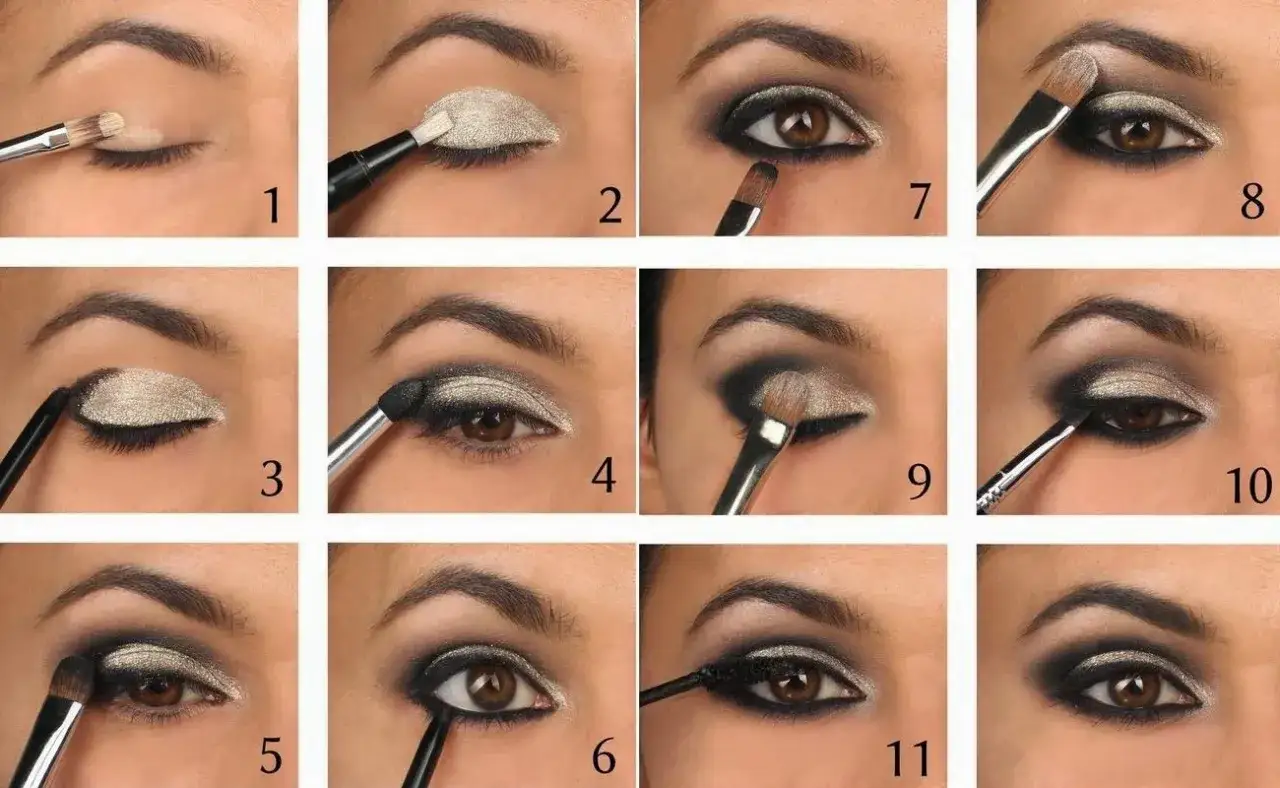Krok po kroku tworzenie efektu smoky eyes. Złoty cień na powiece, czarny w załamaniu i na linii rzęs.