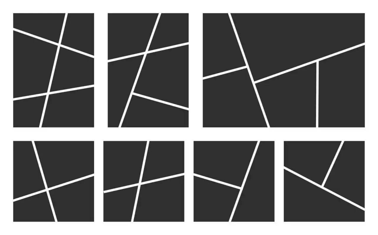 Osiem czarnych prostokątów z białymi liniami tworzącymi geometryczne podziały. To kolaż zdjęć, idealny do prezentacji wspomnień.