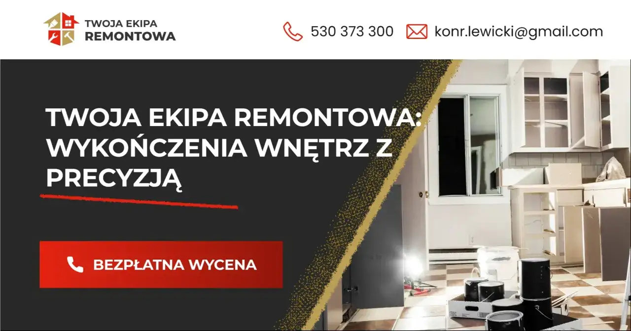 Remont kuchni: puszki z farbą, otwarte szafki, okno. Napis 