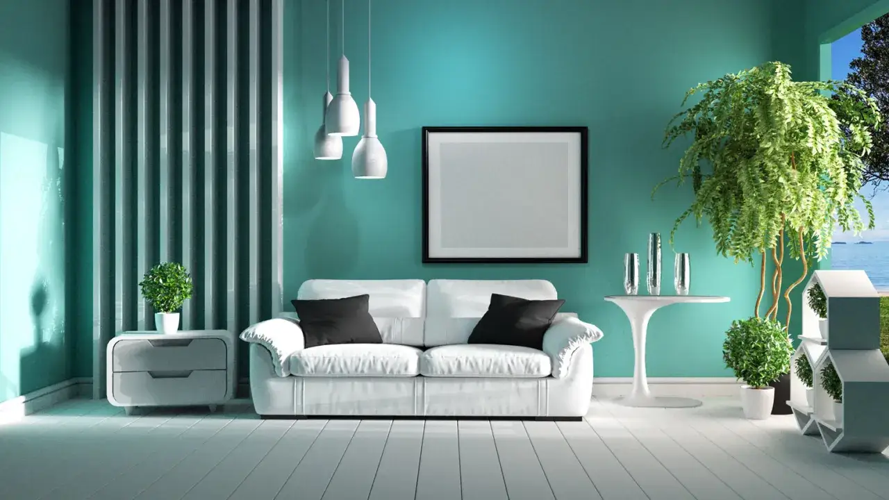 Soggiorno moderno con divano bianco, piante e pareti color **verde acqua**. La luce filtra creando un'atmosfera rilassante.